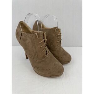Taupe Faux Suede Platform Academia Oxford Booties Lace Up Wingtip Stiletto Boots